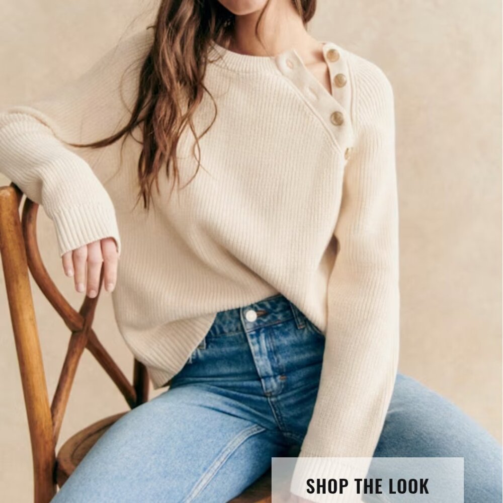 Cream Button-Shoulder Ribbed Sweater